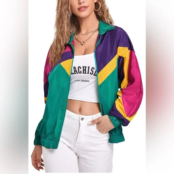 SweatyRocks Women's Colorblock Zip Up Long Sleeve Collar Windbreaker Jacket Coat - Picture 2 of 3